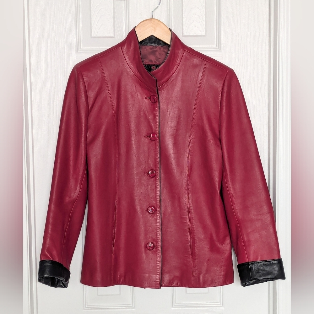 A Pop of Color! Venus Women's Red Button-Down Leather Jacket